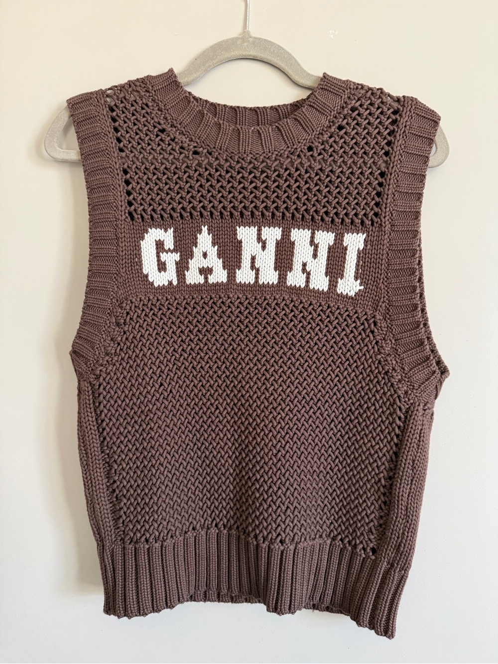 Ganni Brown Sleeveless Knit Logo Vest with White Lettering